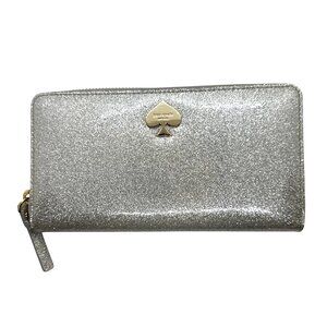 Kate Spade New York Wallet Silver Glitter Zip-Around Silver Metallic Spade Logo